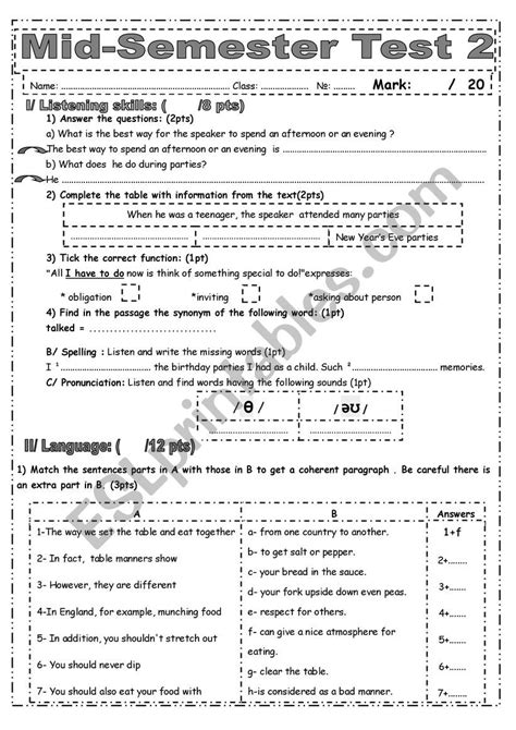 Mid Semester Test Esl Worksheet By Saaidiyasmine