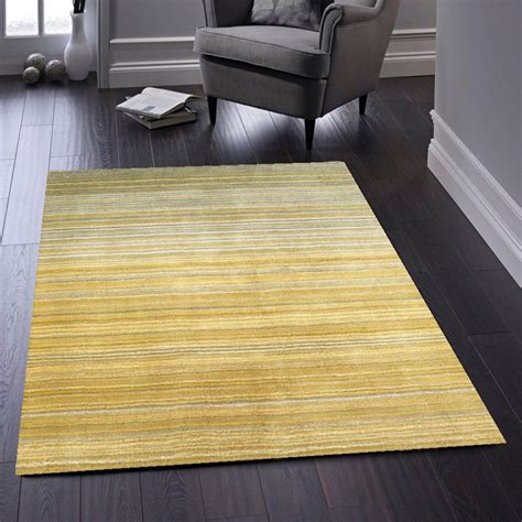 Origins Fine Stripes Hand Loom Woven Wool Rug Halway In Ochre