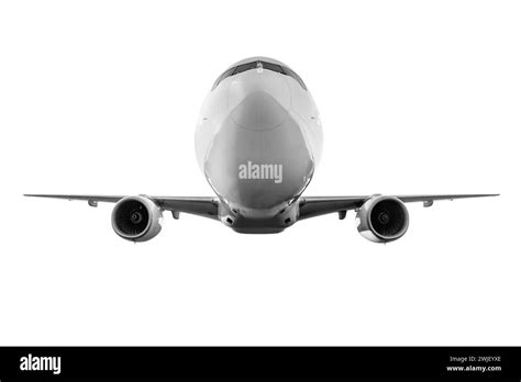 Front View Of The Wide Body Passenger Airliner Flies Isolated On White