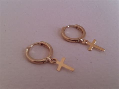 Small Gold Cross Dangle Hoop Earrings