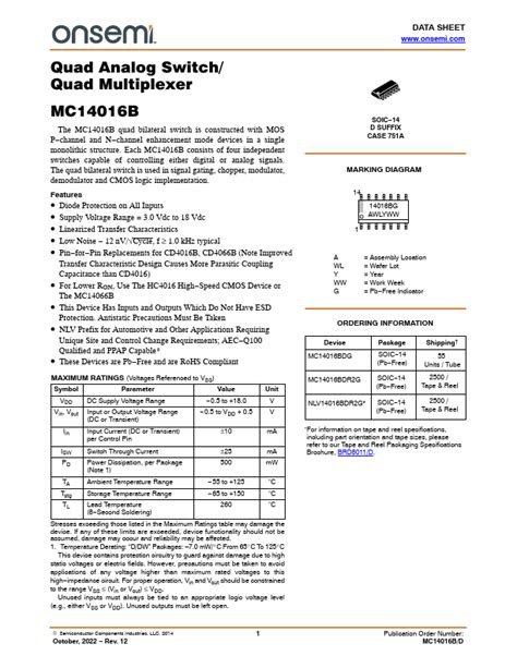 MC14016B Datasheet PDF Quad Analog Switch Quad Multiplexer