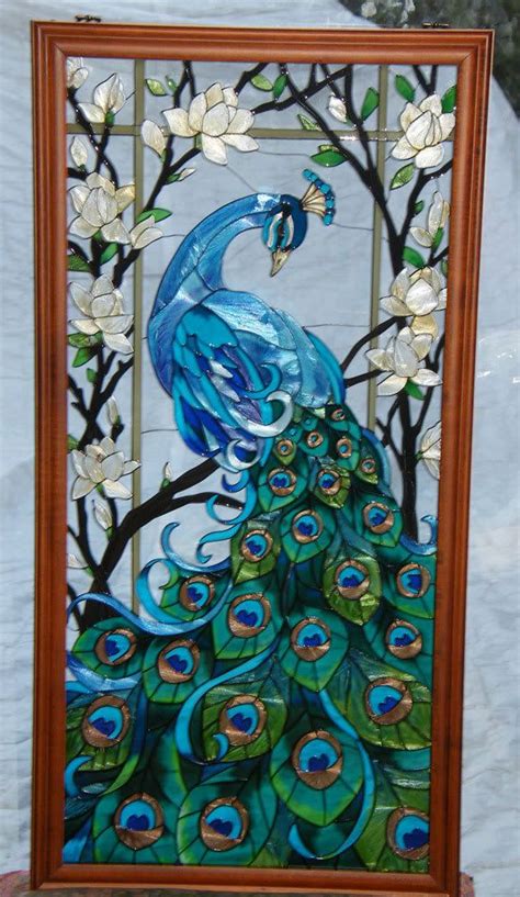 MAGNIFICENT * PEACOCK 17x37 STAINED GLASS WINDOW PANEL | eBay