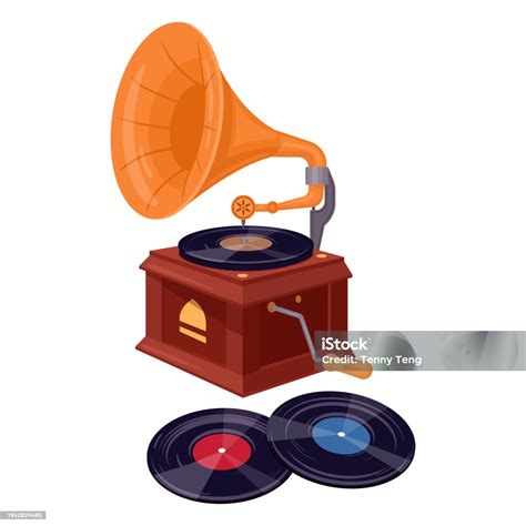 Cartoon Antique Gramophone Vintage Disk Players And Vinyl Records Retro