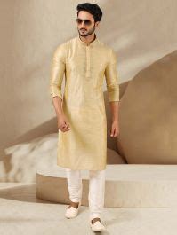 Golden Colour Wedding Kurta Pajama In Banarasi Silk Fabric