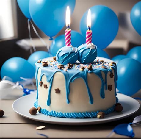 Premium Ai Image A Birthday Cake With Blue Balloons And A Candle On It