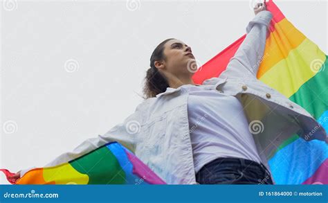 Female Raises Rainbow Flag Solidarity With Same Sex Marriage Lgbt