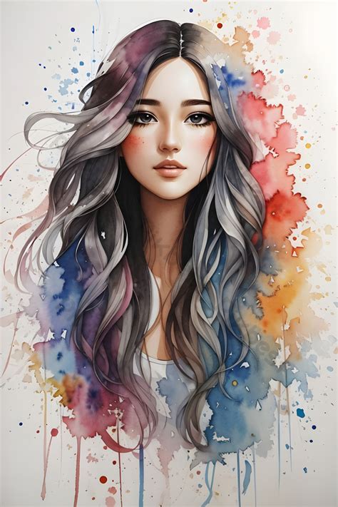 Long Hair Watercolor Woman Portrait Splatter Illustration Drawing PNG ...