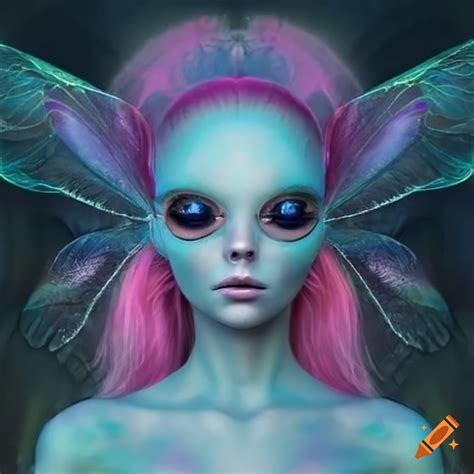 Enchanting Fairy Alien With Iridescent Wings Blue Skin And Pink Hair