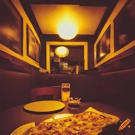 Interior Of A Vintage Pizza Restaurant With Golden Lighting