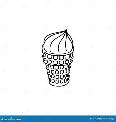 Doodle Ice Cream In Waffle Cone With Black Outlines Flat Vector