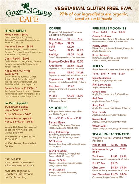 Café Menu Greens N Grains Natural Foods Market And Café