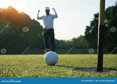 Golf Ball Putting On Green Grass Near Hole Golf To Win In Game At Golf