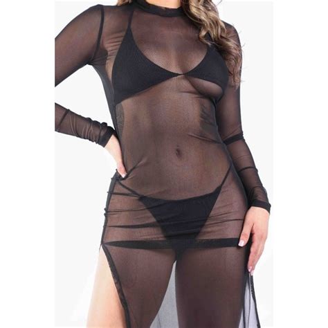 Dresses Womens Mock Neck Long Sleeves See Through Both Sides Slit