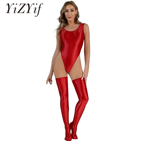 Womens Glossy High Cut Bodysuit One Piece Leotard With Stocking Set