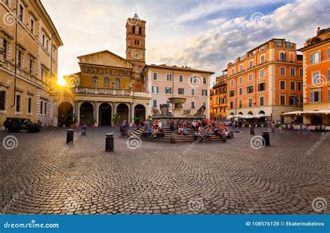 Basilica Di Santa Maria in Trastevere and Piazza Di Santa Maria in Trastevere at Sunset, Rome ...