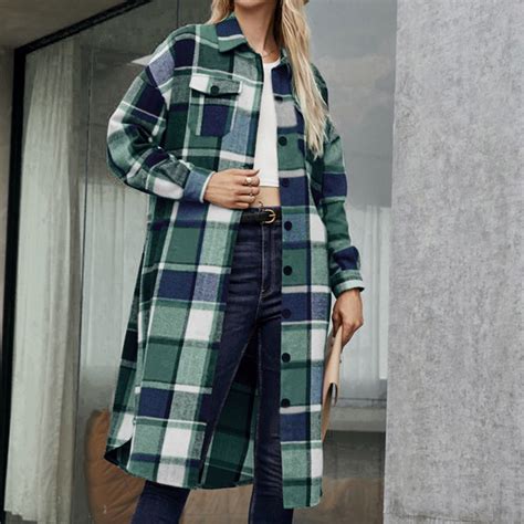 Womens Long Flannel Plaid Shacket Jacket Trendy Fall Long Sleeve Button Down Shirts Casual