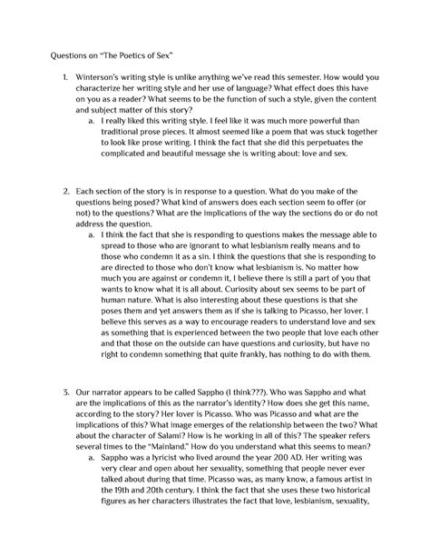 Questions On The Poetics Of Sex Questions On “the Poetics Of Sex” Winterson’s Writing Style Is