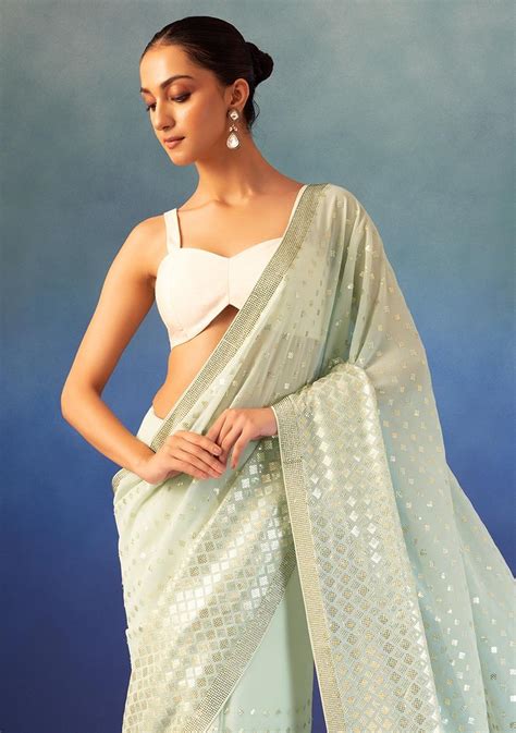 Buy Women Seafoam Geometric Sequin Embroidered Saree With Blouse