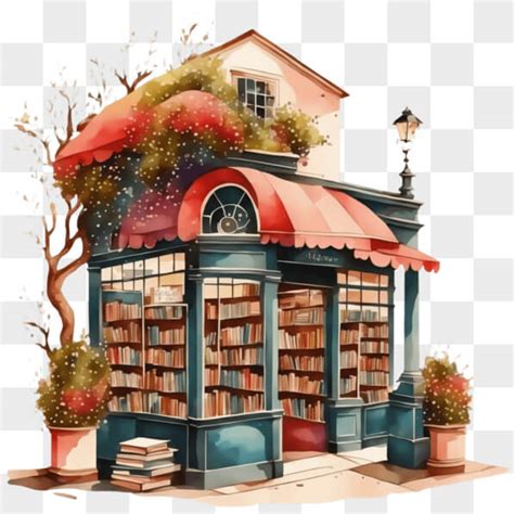 Download Cozy Bookstore Illustration With Awning And Potted Plants Png