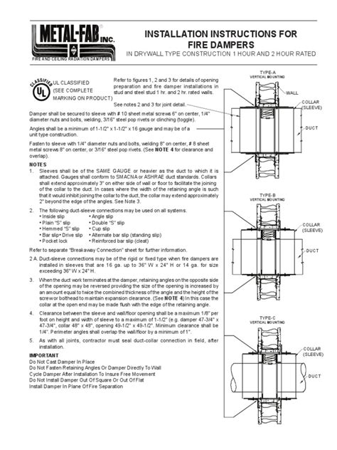 Fire Damper Installation Instructions Pdf Duct Flow Screw