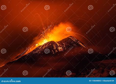 Volcano Eruption Landscape at Night - Mount Etna in Sicily Stock Image - Image of natural ...