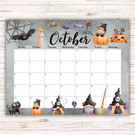 EDITABLE October 2024 Calendar, Happy Halloween, Cute Gnoms, Kid ...