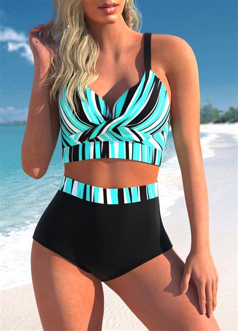 ROTITA High Waisted Front Cross Stripe Print Bikini Set Rotita