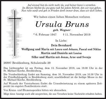 Traueranzeigen Von Ursula Bruns Noz Trauerportal