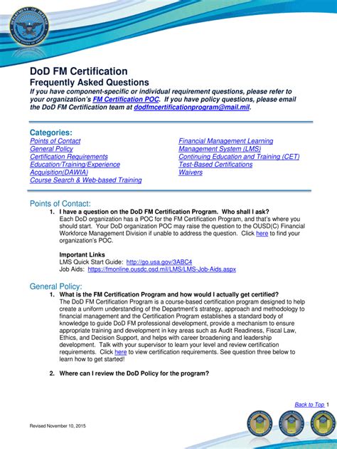 Fillable Online Comptroller Defense Dod Fm Certification Frequently