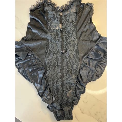 Vintage Black Satin Lace Roses Lingerie Bodysuit Small Etsy