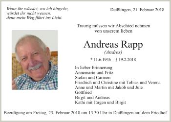 Traueranzeigen von Andreas Andres Rapp Schwarzwälder Bote Trauer