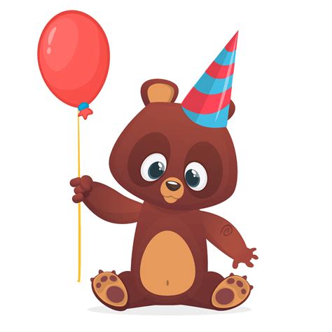 Cartoon bear holding a red balloon. Happy birthday greetings postcard ...