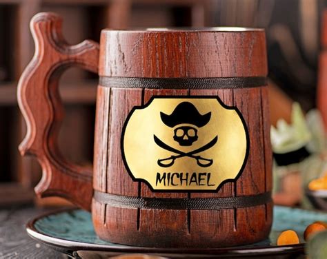 Pirate Skull Wooden Beer Mug Pirate Party Ts Personalized Etsy Uk