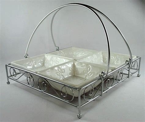 Appetizer Serving Dish 4 White Ceramic Dishes In Silver Metal Stand