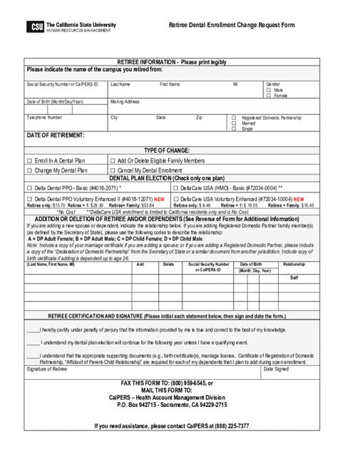 Fillable Online Retiree Dental Enrollment Change Request Form Fax Email