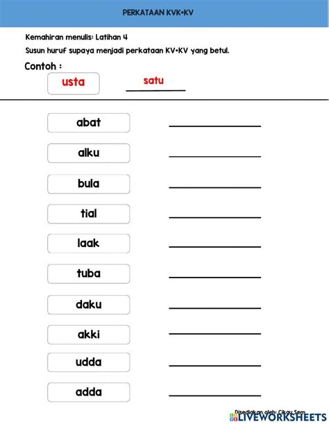 Perkataan Kvkv Online Exercise For Grade 2 Live Worksheets