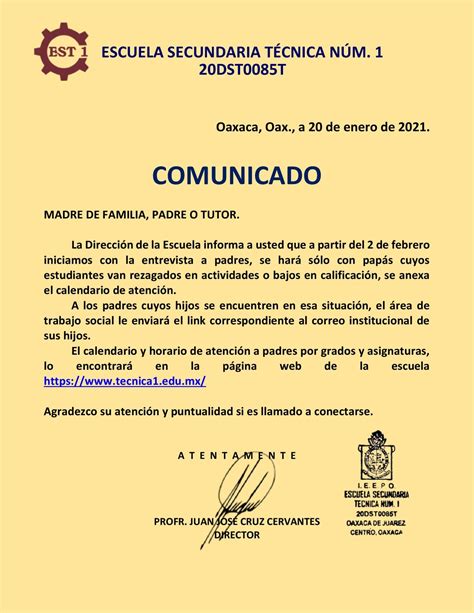 Comunicado Calendario de atención a padres de familia EST Núm 1