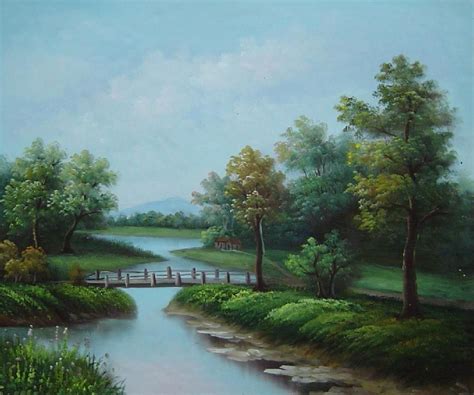 Wood Bridge Over a Scenic River Oil Painting Landscape Classic 20 x 24 ...