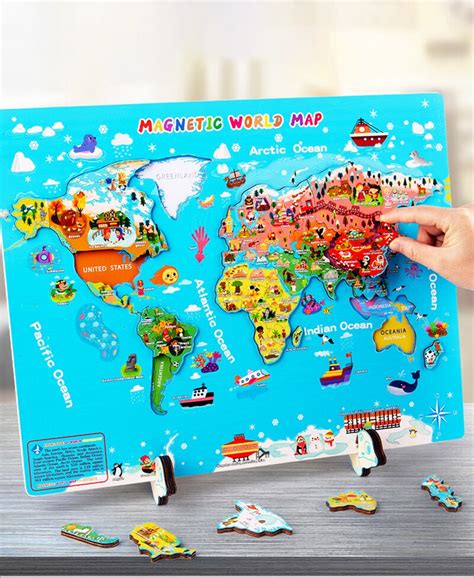 Joc Magnetic Jigsaw Puzzle Harta Lumi Din Lemn Cu Carduri Educative