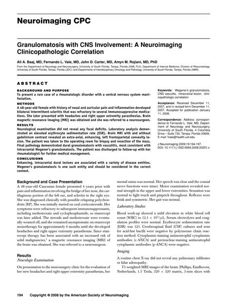 Pdf Granulomatosis With Cns Involvement A Neuroimaging