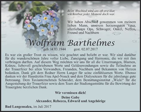 Traueranzeigen Von Wolfram Barthelmes Trauer In Thueringen De