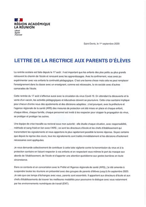 Lettre De La Rectrice Aux Parents College De Terre Sainte