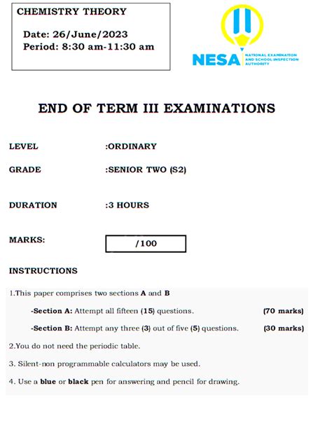 Chemistry Examination For S Of The End Of Third Term Thinkbig