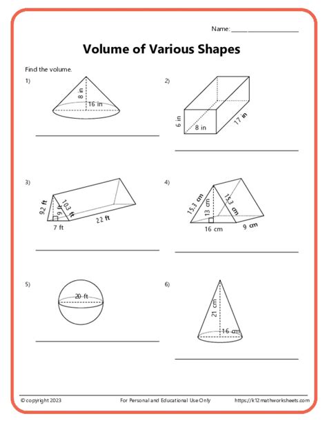 Volume and Surface Area of Various Shapes - K12 Math Worksheets