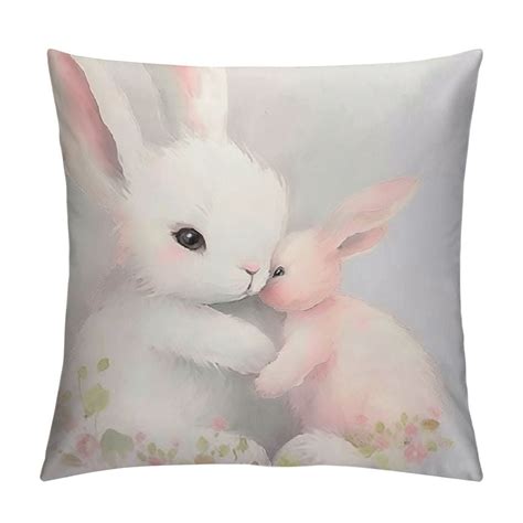 Werpe Square Pillow Cover Cute Cartoon Grey Baby And Mother Bunnies