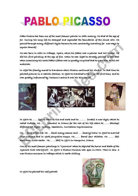 Biographypablo Picasso Esl Worksheet By Mariaah