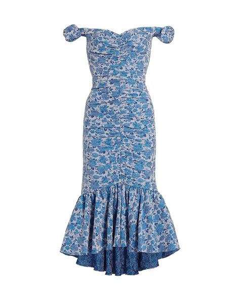 Theia Eliza Ruched Jacquard Midi Dress In Blue Lyst