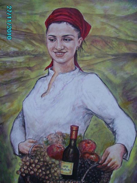 A Painting Of A Woman Holding A Basket Of Fruit And A Wine Bottle In