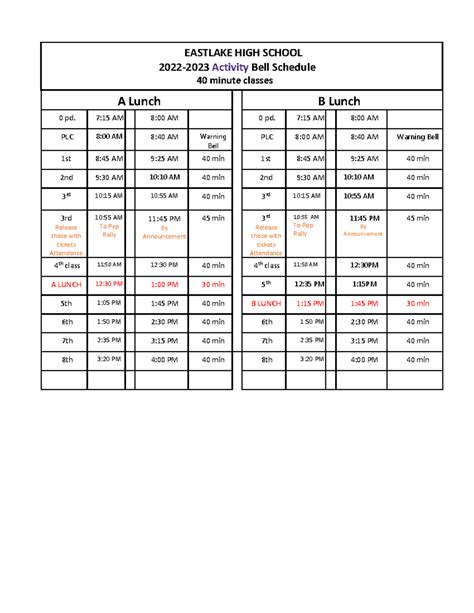 2022 2023 Activity Bell Schedule Revised 3rd Eastlake High School