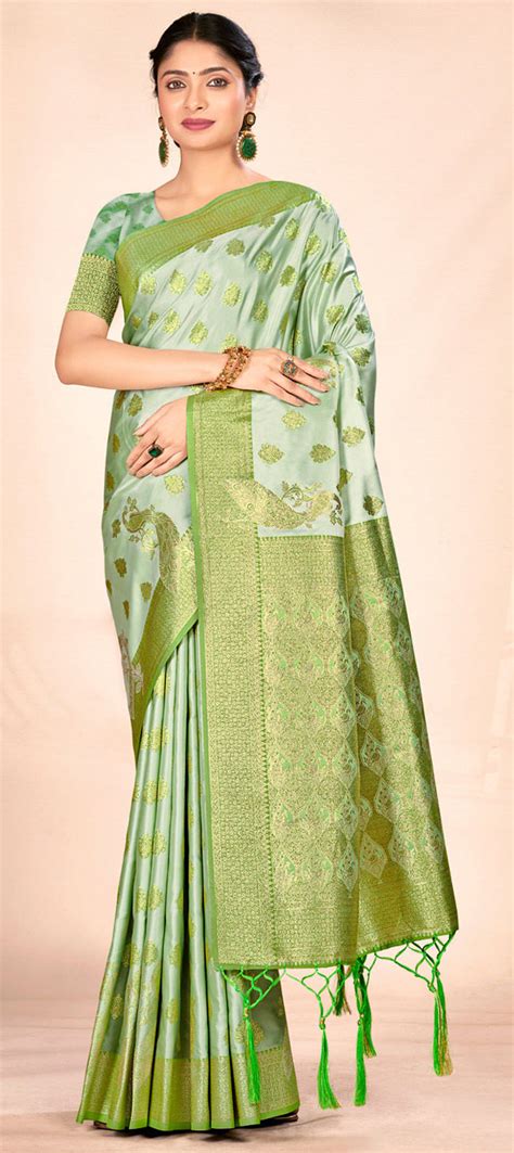 Reception Traditional Green Color Satin Silk Fabric Saree